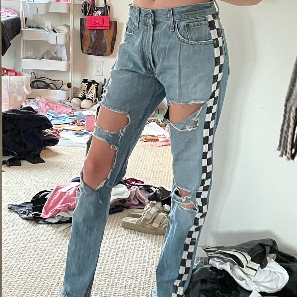 Blue checkered stripe jeans